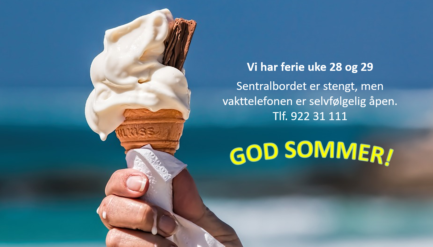 Bildet viser teksten "God sommer" med info om åpningstider