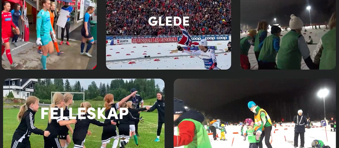 Barn og unge i aktivitet innen fotball og ski, som illustrerer verdiene glede, fellesskap og inkludering. Støttet av Veflen Entreprenør AS.